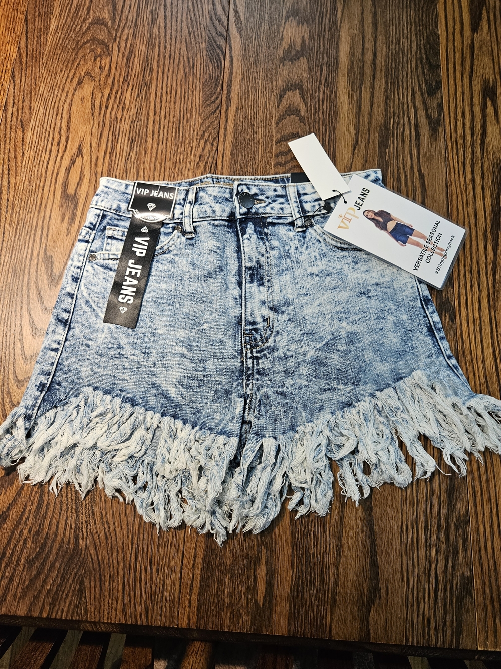 VIP Acid Wash Light Blue Fringe Denim Shorts